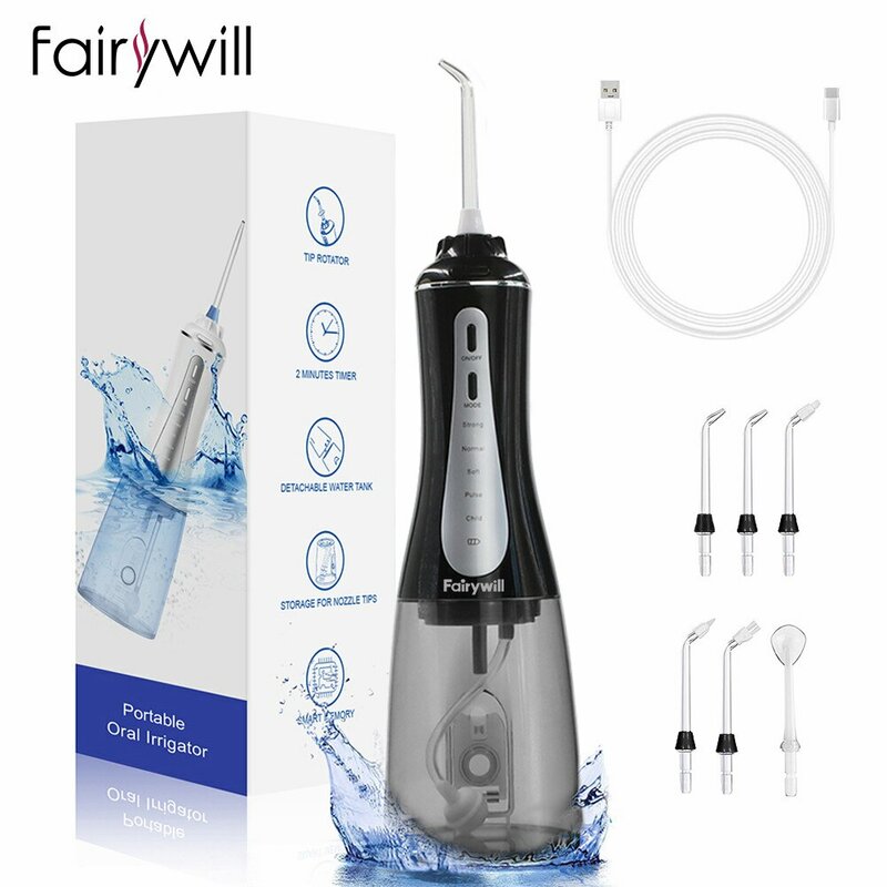 Irrigatore orale Fairywill Water Flosser 5 modalità Portable Dental Water Jet 350ML serbatoio dell'acqua detergente per denti carica USB impermeabile