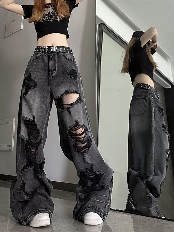 Джинсы Zoki Y2K женские прямые в готическом стиле, повседневные винтажные брюки из денима в стиле ретро, стиль Харадзюку, бойфренды, хип-хоп, уличная одежда в американском стиле