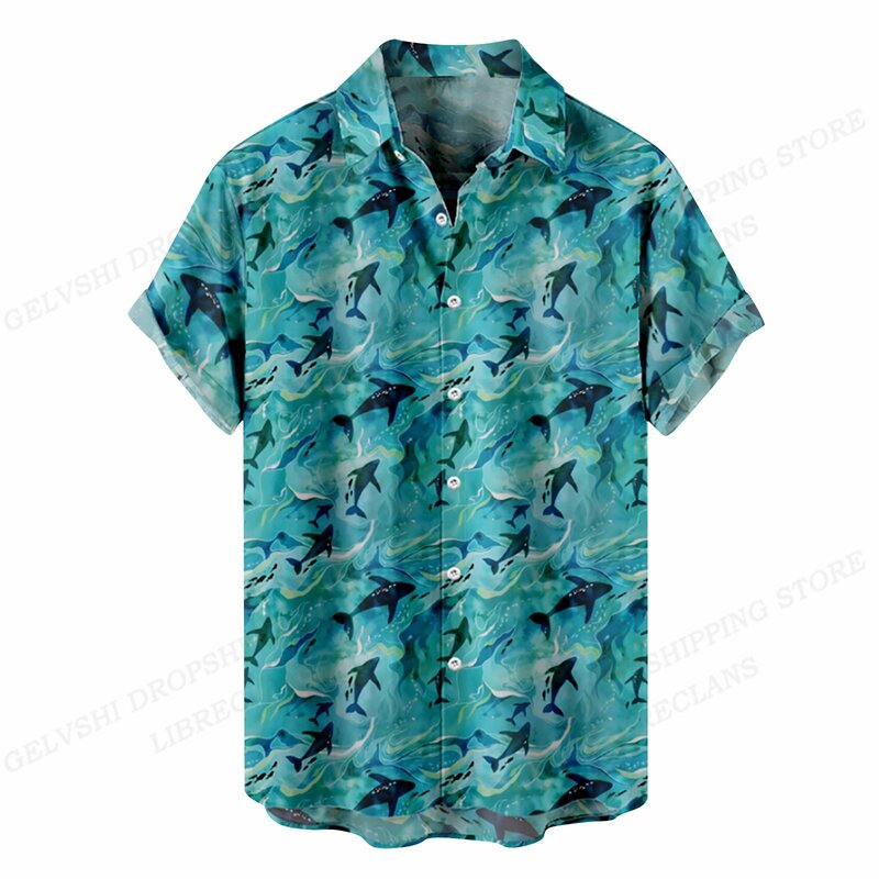 Camisa hawaiana con estampado de peces para hombre y mujer, Blusa de manga corta a la moda, con solapa, para playa, Verano