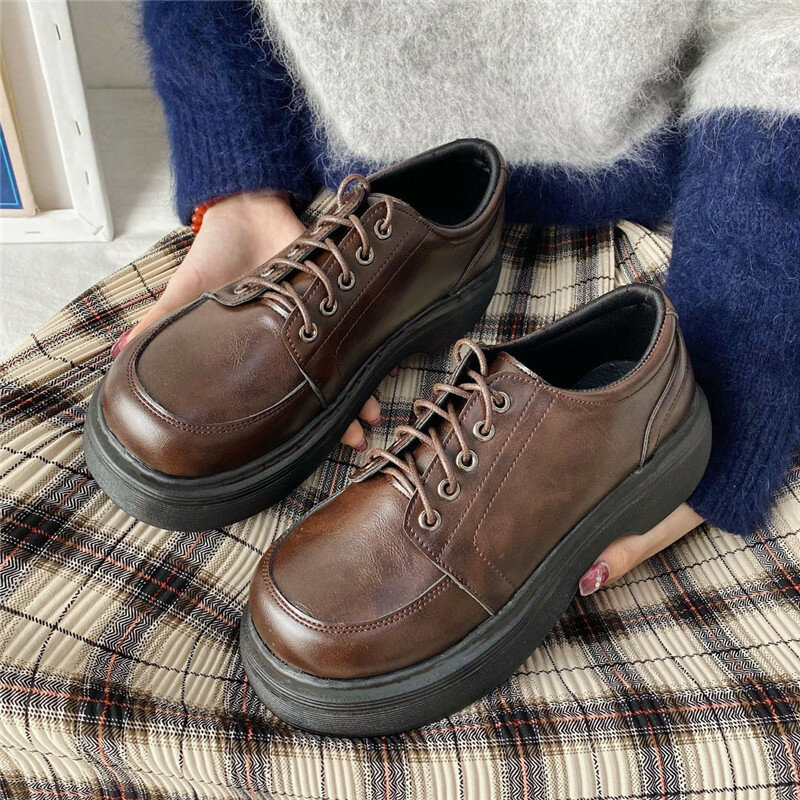 Chaussures britanniques noires et brunes à lacets pour femmes, décontractées, basses, confortables en cuir, bottes en coton