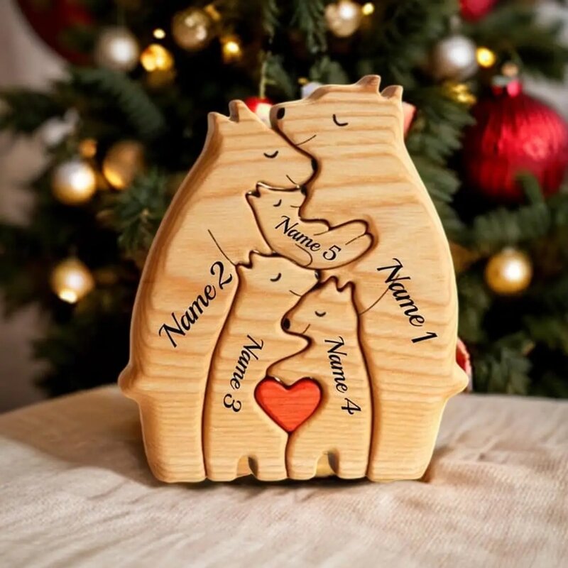Rompecabezas de madera personalizado con grabado gratis, figuritas de decoración del hogar, regalo de cumpleaños y Navidad, familia de osos