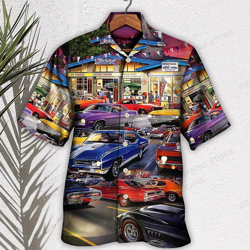 남성용 하와이안 셔츠, 자동차 그래픽 프린트 셔츠, 패션 셔츠, 캐주얼 비치 블라우스, 남성용 옷깃 셔츠, 오토바이 Camisa