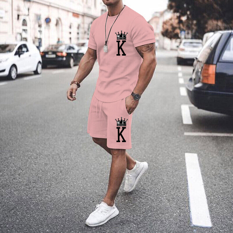 Herren rosa T-Shirts setzt Krone k beliebte Design-Druck einfarbige Sommer-Outfits 2 Stück übergroßen Kurzarm Anzug für Männer