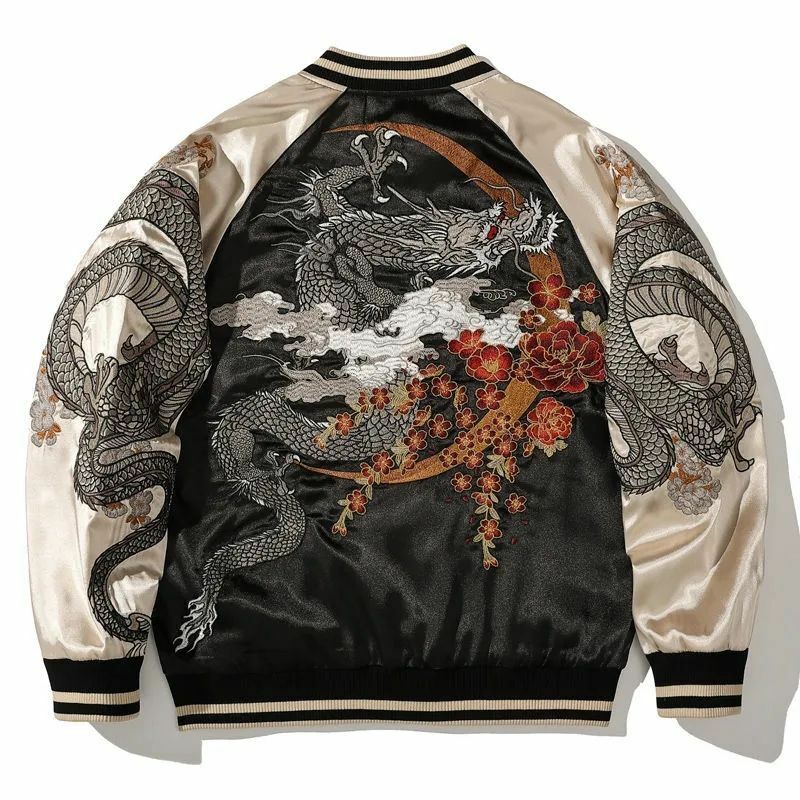 Chaqueta bordada de primavera y otoño para hombre, uniforme de béisbol con estampado de dragón y Animal, Color de contraste bordado, ropa informal para pareja