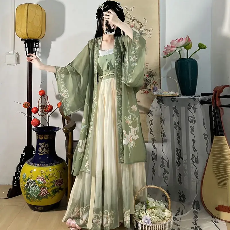 Chinese Hanfu Jurk 3 Stuks Set Thee Groene Vloeiende Maxi Jurk Chinese Oude Vrouwen Borduurjurk Kostuum Voor Schieten Afstuderen