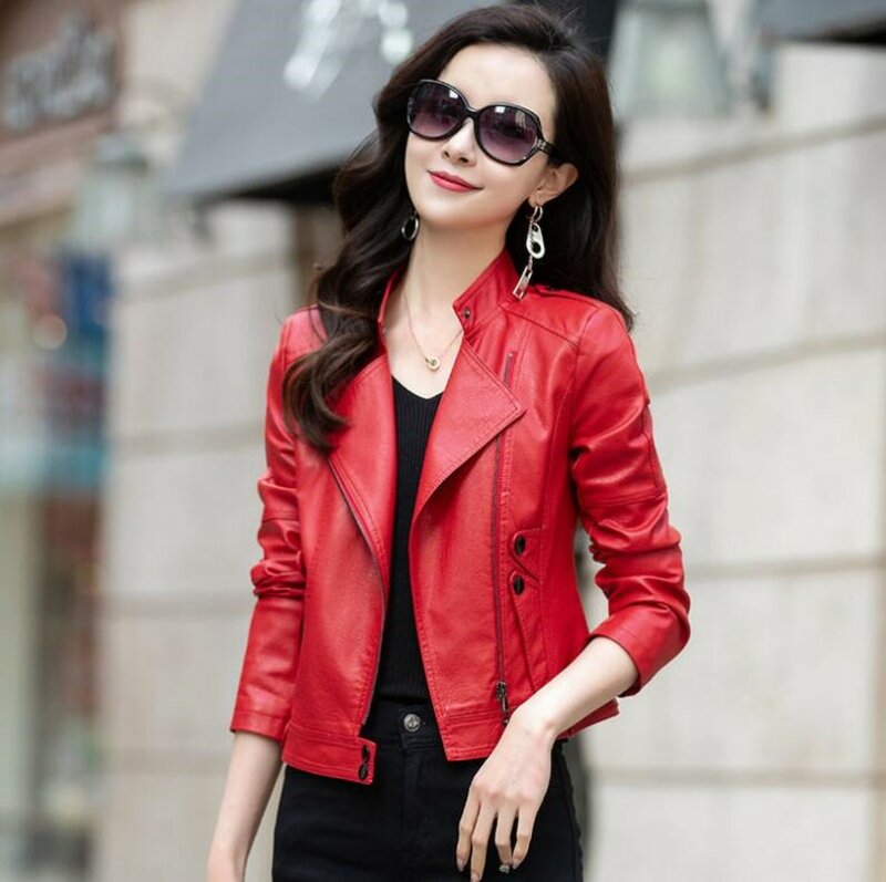 New Women Genuine Leather Jacket Autumn Winter Fashion Moto&Biker Style Outerwear Stand Collar Short Sheepskin Coat