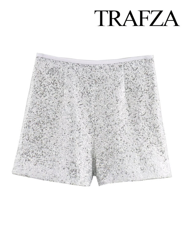 TRAFZA-pantalones cortos con lentejuelas plateadas para mujer, Shorts ajustados de cintura alta con cremallera lateral, ropa de calle informal elegante, moda de verano