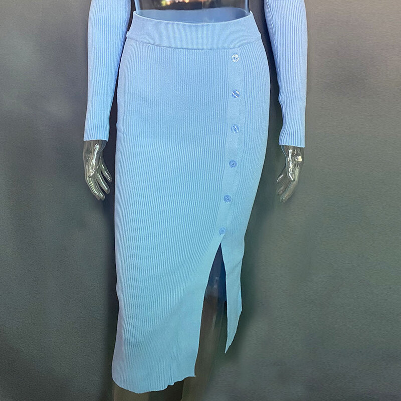 Женский трикотажный комплект из свитера и юбки средней длины, с V-образным вырезом и длинным рукавом