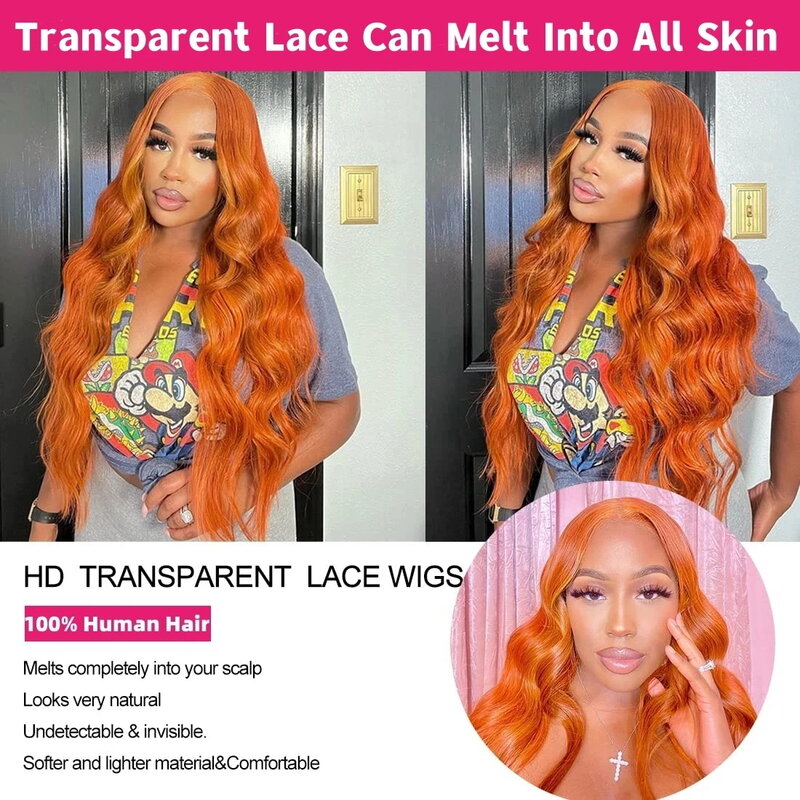 Peluca de cabello humano de color naranja jengibre transparente para mujer, postizo de encaje Frontal 13x6, HD, 13x4