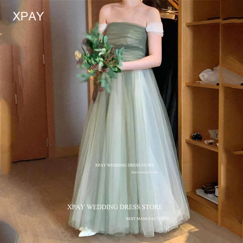 Xpay Unieke Groene Korea Avondjurken Strapless Bruiloft Fotoshoot Prom Gown Off Shoulder Verjaardag Speciale Gelegenheid Jurk