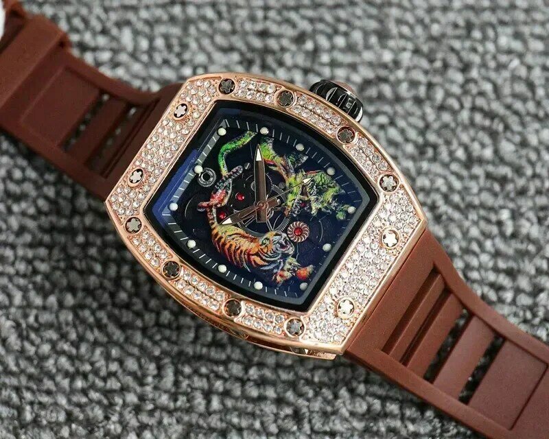 メンズドラゴンタイガーペインティング腕時計,高品質のダイヤモンドブランド時計,高級品,2024
