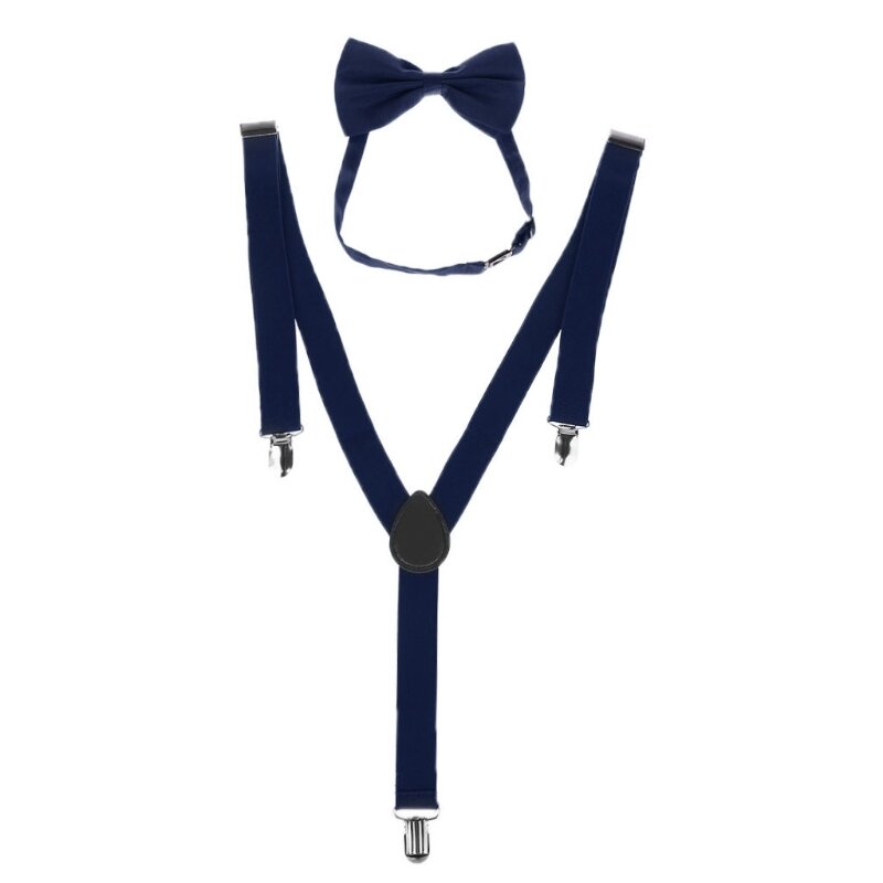 Unisex ปรับ Y-Back Suspenders Bow Tie ชุด Clip-On Braces งานแต่งงานยืดหยุ่น N7YD