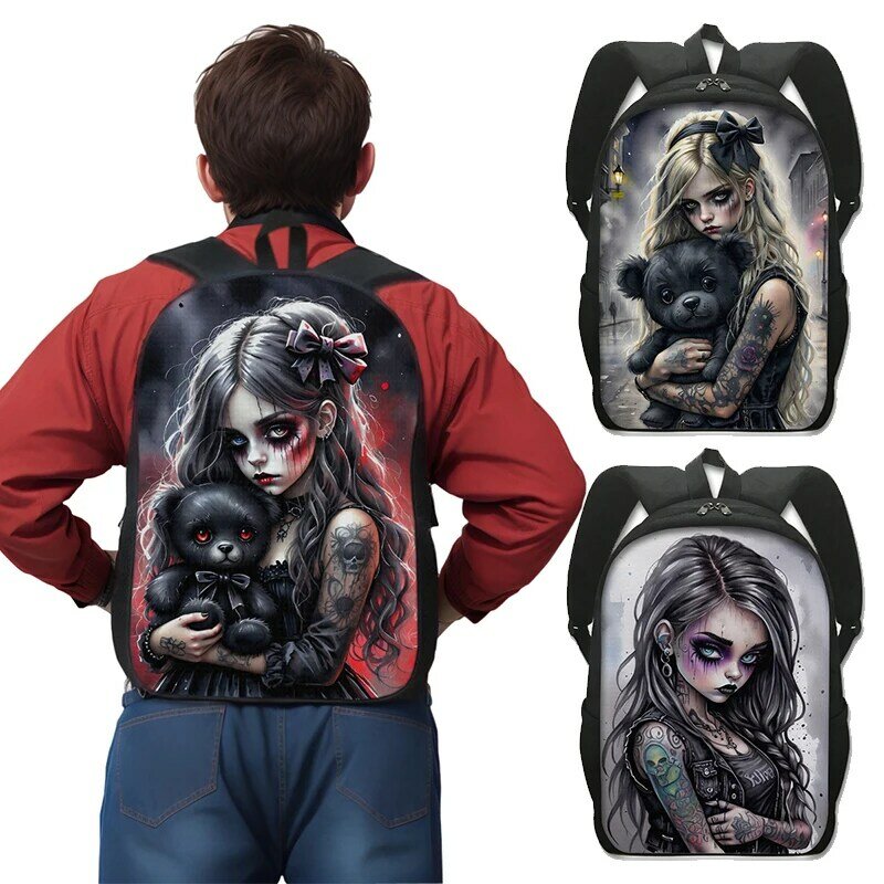 Cartoon Gothic Girl and Bear Doll Print Backpack Cool Goth Women School Bags Children Travel Laptop Backpacks Kids Bookbag Gift