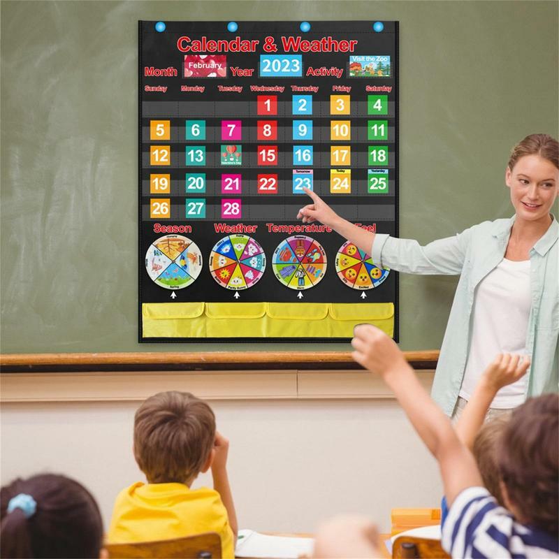 Pendurado Pocket Weather Chart para sala de aula, ferramentas de educação infantil com 4 Spinners, temperatura, gráfico meteorológico para crianças