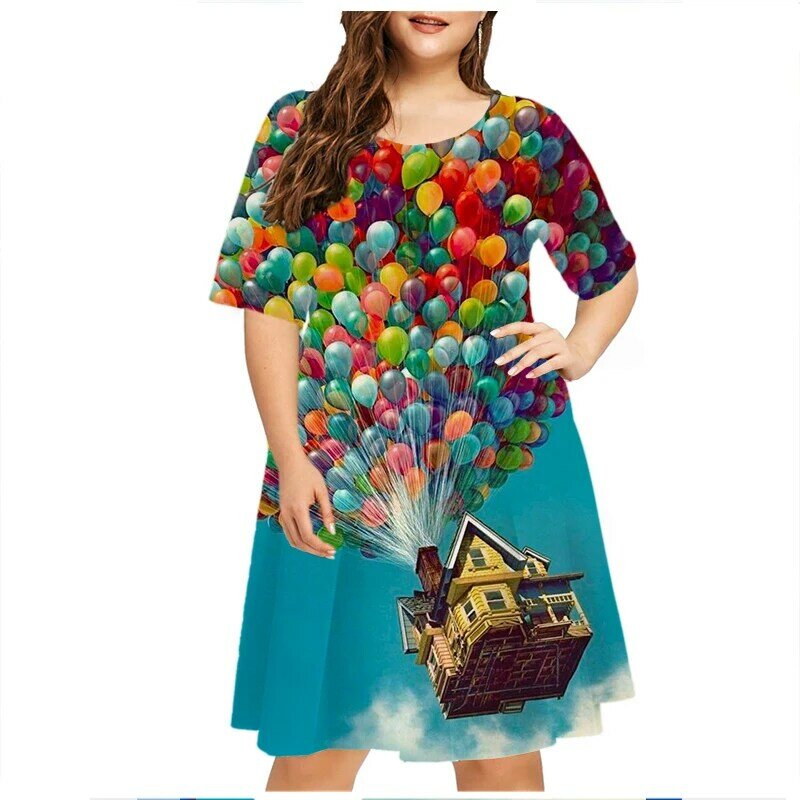 Летнее платье с принтом природного пейзажа, женское свободное платье с 3D рисунком воздушных шаров и коротким рукавом, повседневные женские платья с круглым вырезом, размеры 6XL