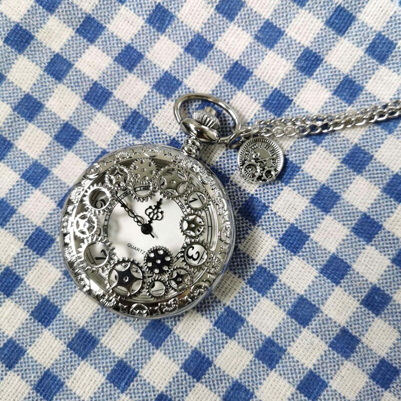 Новая мода серебро полые шестерни дизайн ожерелье со звездами кварцевые карманные часы свитер цепь кулон FOB часы с аксессуарами