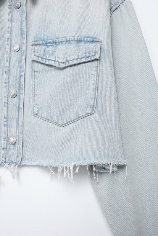 Jaqueta jeans de peito único feminina, casaco retrô de manga comprida, blusa chique, design de buraco quebrado, design de bolso, novo e elegante