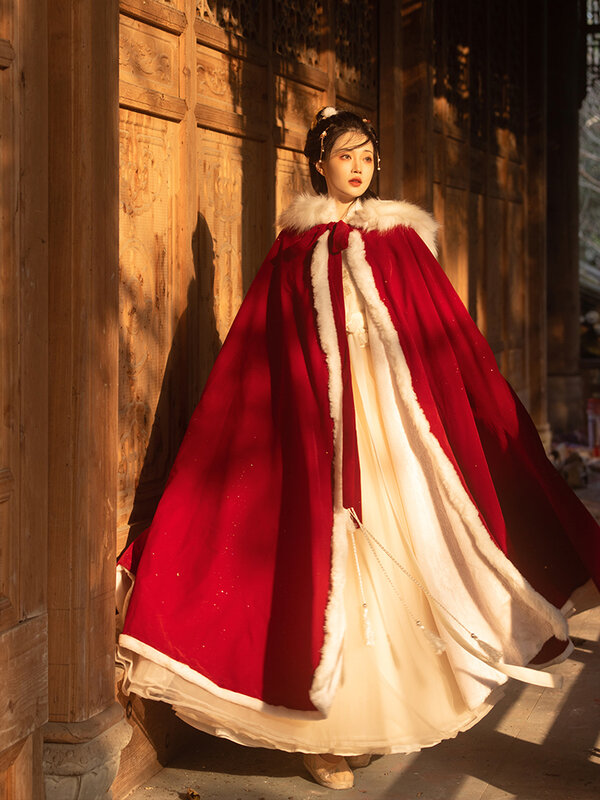 Hanfu jubah bertudung bergaya Cina untuk wanita, pakaian Tahun Baru penghangat Super abadi mewah payet gaya baru musim dingin