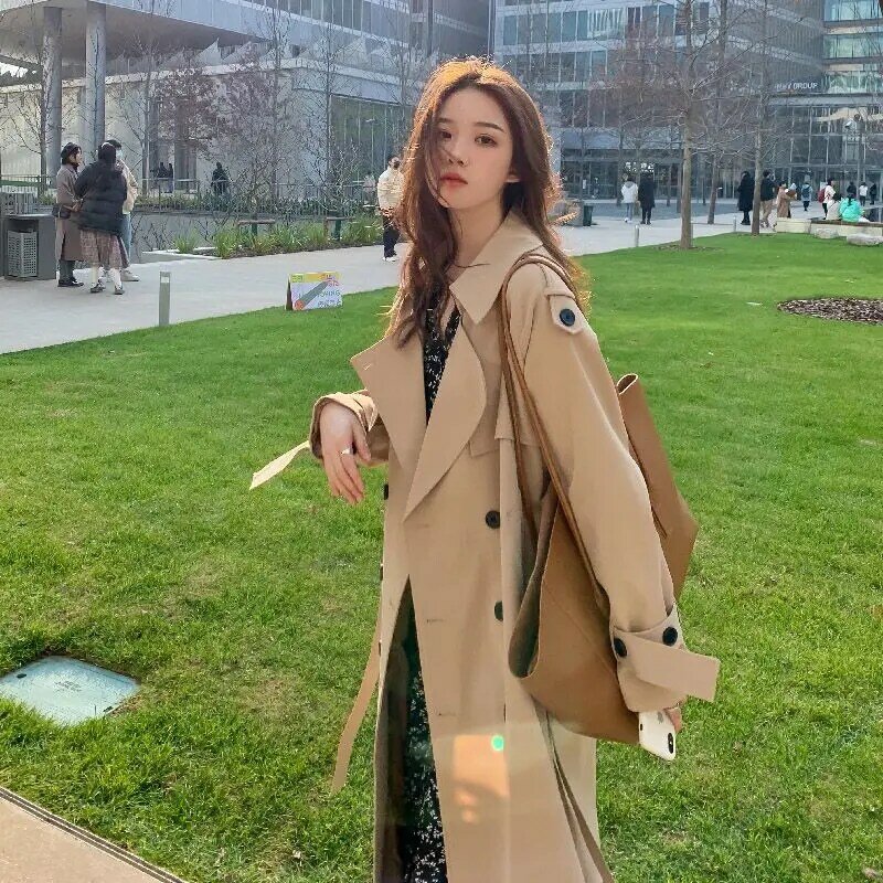 Streetwear loser Trenchcoat Midi Länge Mode koreanische elegante Khaki schwarz Damen Wind breaker Mantel lässige zweireihige Tops