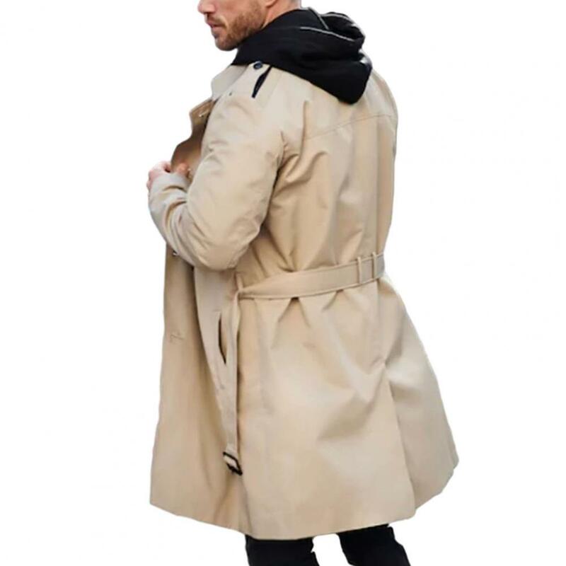 Мужская осенне-зимняя однотонная ветровка с отложным воротником и длинным рукавом, двубортная приталенная длинная куртка с поясом и карманами, верхняя одежда