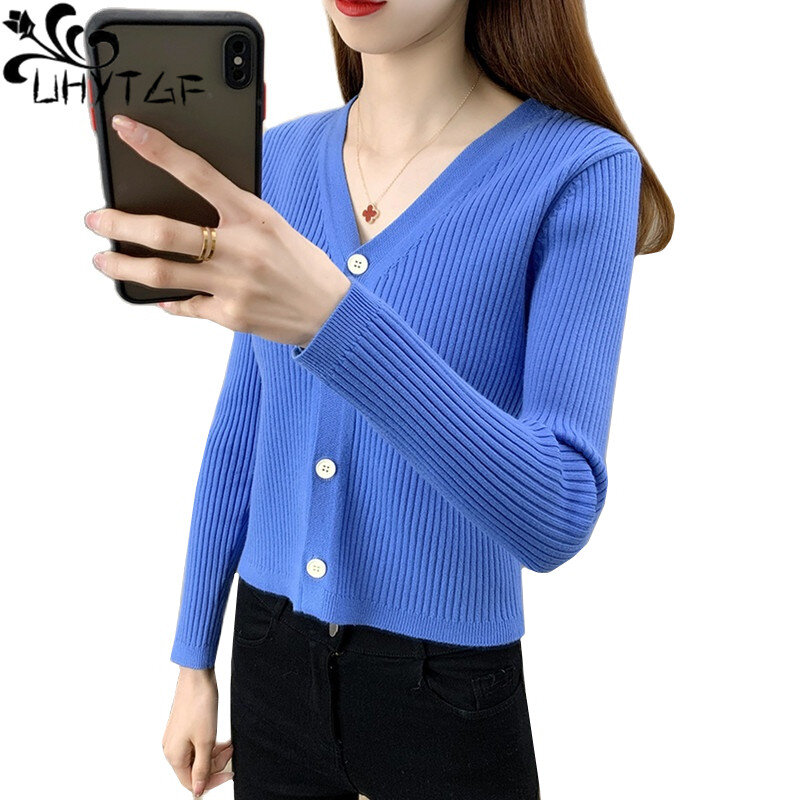 UHYTGF New Spring Autumn Sweater Coat Knitted Cardigan Womens Korean Fashion Short Sweaters V-Neck Casual Female Top Jacket 2107