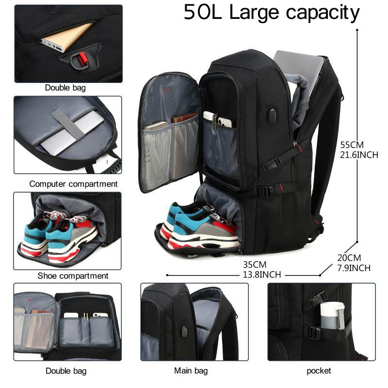Mochila de Viagem de Grande Capacidade para Homens Mochila Laptop Impermeável Porta de Carregamento USB Viagem de Negócios com Compartimento de Sapato
