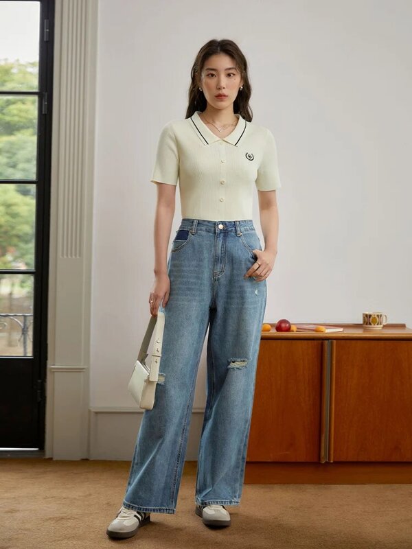Celana Jeans Sobek Pudar Gaya Retro Lama DUSHU untuk Wanita Celana Panjang Lurus Longgar Jalan Raya Baru Musim Panas Jeans Sederhana untuk Wanita