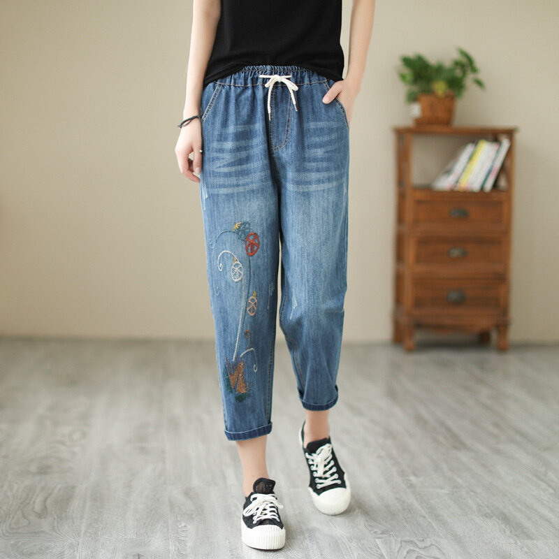 Jeans bordir Baggy wanita musim panas 2023, celana Denim Capri Fashion robek lubang elastis pinggang tinggi kasual Vintage longgar Harem