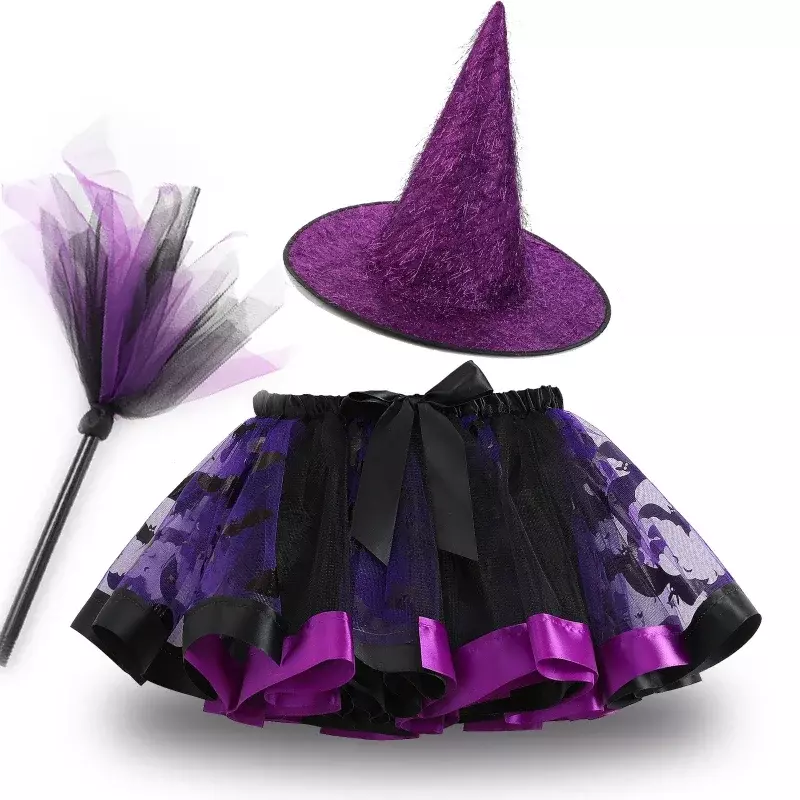 Cosplay kostium halloweenowy dla dziewczynki czarownica impreza tematyczna karnawałowa czarodziejka rekwizyty odzieżowe z spódniczka baletowa z kapeluszem miotła