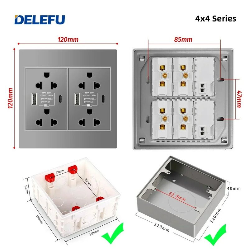 DELEFU-interruptor de luz ignífugo gris, panel de 4x4 piezas, estándar mexicano tipo C, enchufe de pared de EE. UU., para carga rápida