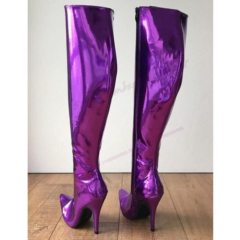 Stivali con tacco alto estremo viola scarpe con punta a punta alta al ginocchio per le donne scarpe in pelle verniciata tinta unita 2023 Zapatos Para Mujere