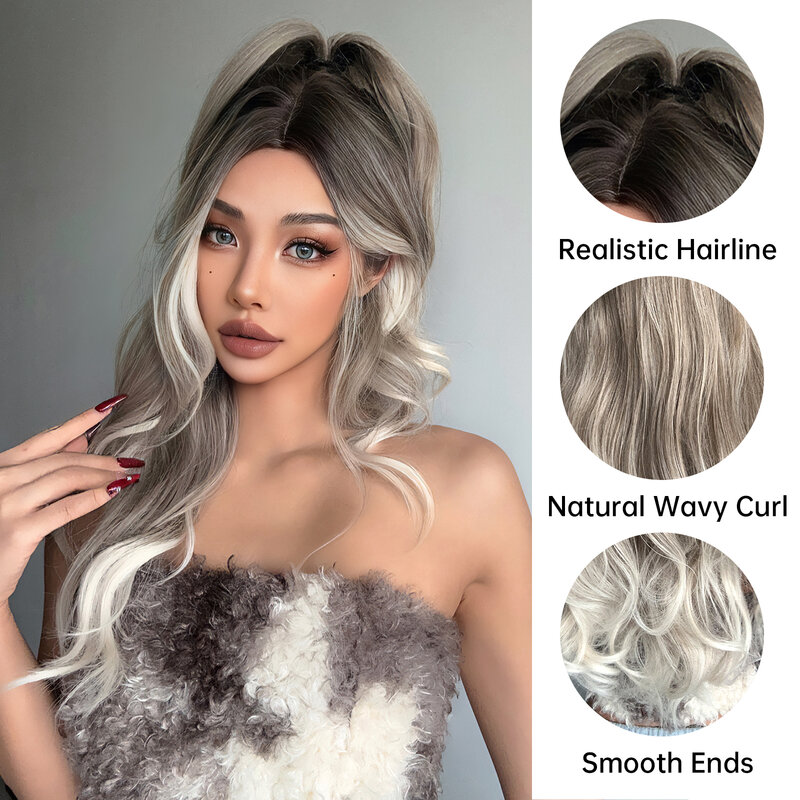Ombre Brown to Silver Grey Synthetic Wigs Long Body Wavy Wigs Middle Part Hair Wigs for Women Party Princess Hair Heat Resistant