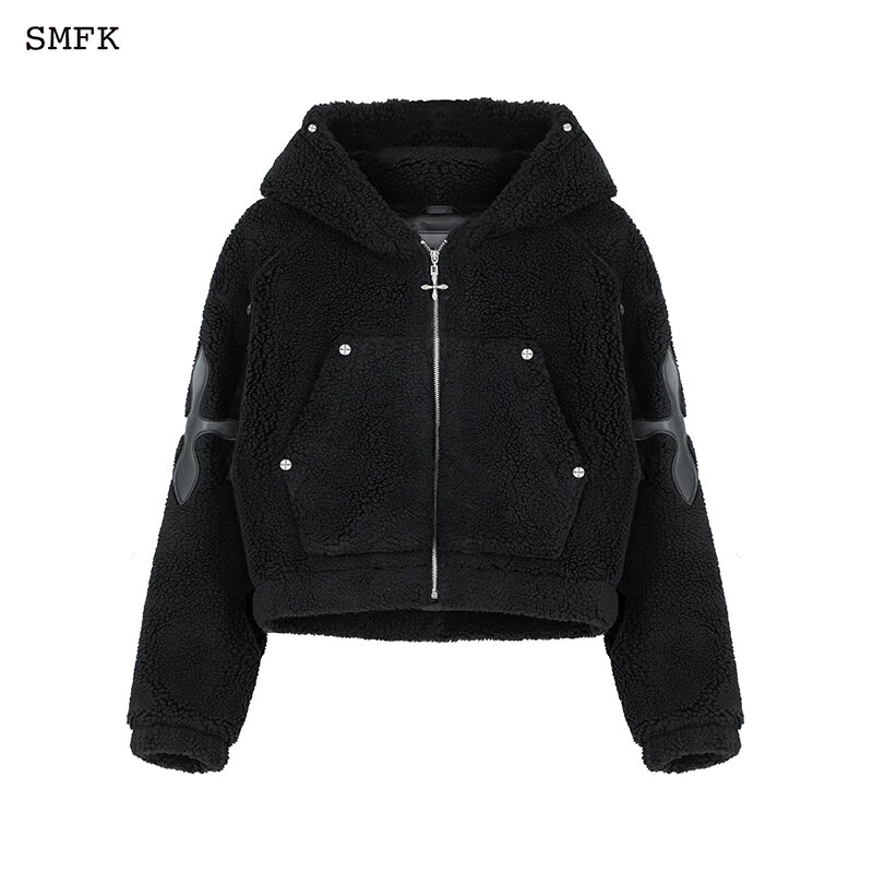 SMFK 여성용 수제 양털 후드, 지퍼 후드 캐시미어 재킷, 짧은 두꺼운 모직 재킷, 베이브 캐시미어 짧은 코트 CF002BS