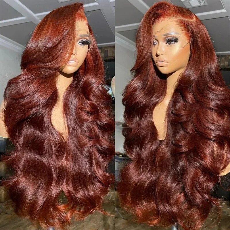 Onda do corpo marrom avermelhada Lace Frontal Wig, peruca de cabelo humano glueless, PrePlucked encerramento, HD, 13x4, 13x6