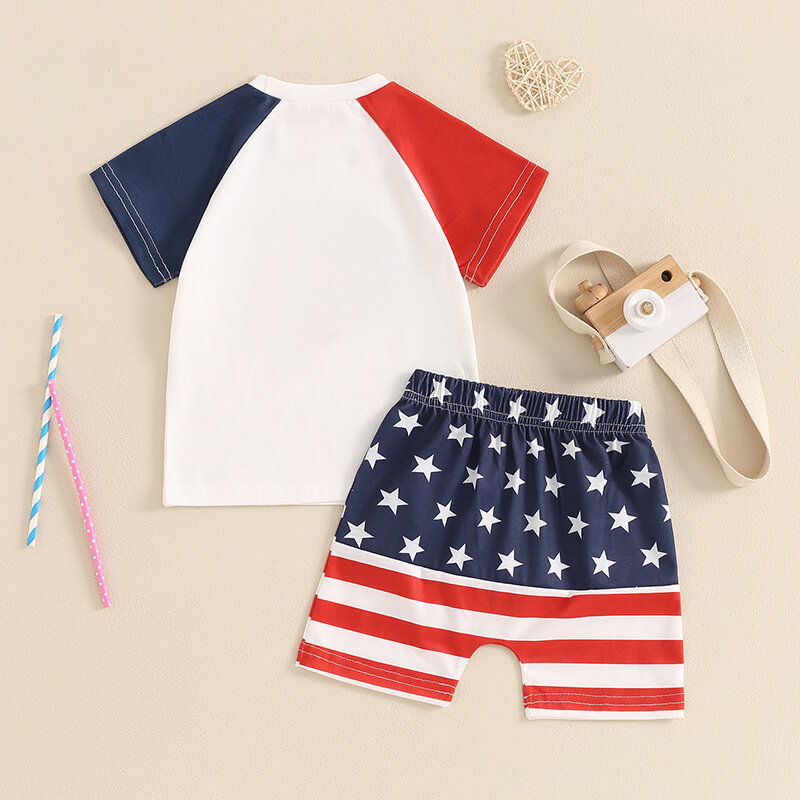 Conjunto de verano para bebé, niño y niña, traje de Día de la independencia, Tops de manga corta con bordado de corazón, pantalones cortos con estampado de estrellas