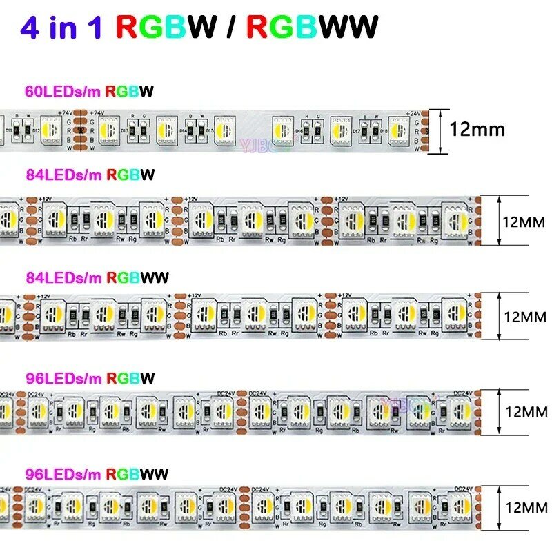 Kecerahan tinggi 5M 4 warna dalam 1 RGBW/RGBWW Strip LED 60/84/96LED/m 12V/24V 5050 SMD pita cahaya fleksibel IP30/65/IP67 Bar lampu