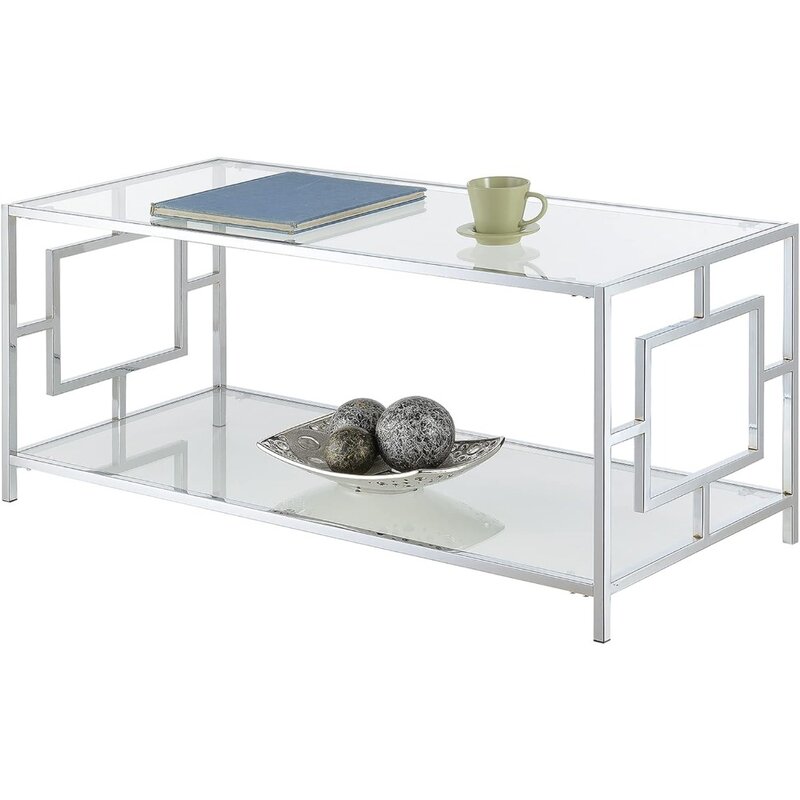 Town Square Chrome Coffee Table with Shelf, Side Table, Chairs Glass and Chrome Center Tables, Living Room Furniture,Dining Room