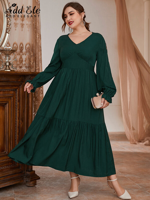 Add Elegant Plus Size A-Line Dress Women 2022 Autumn V-Neck Lantern Sleeve Elastic Knitted High Waist Design Loose Clothing B638