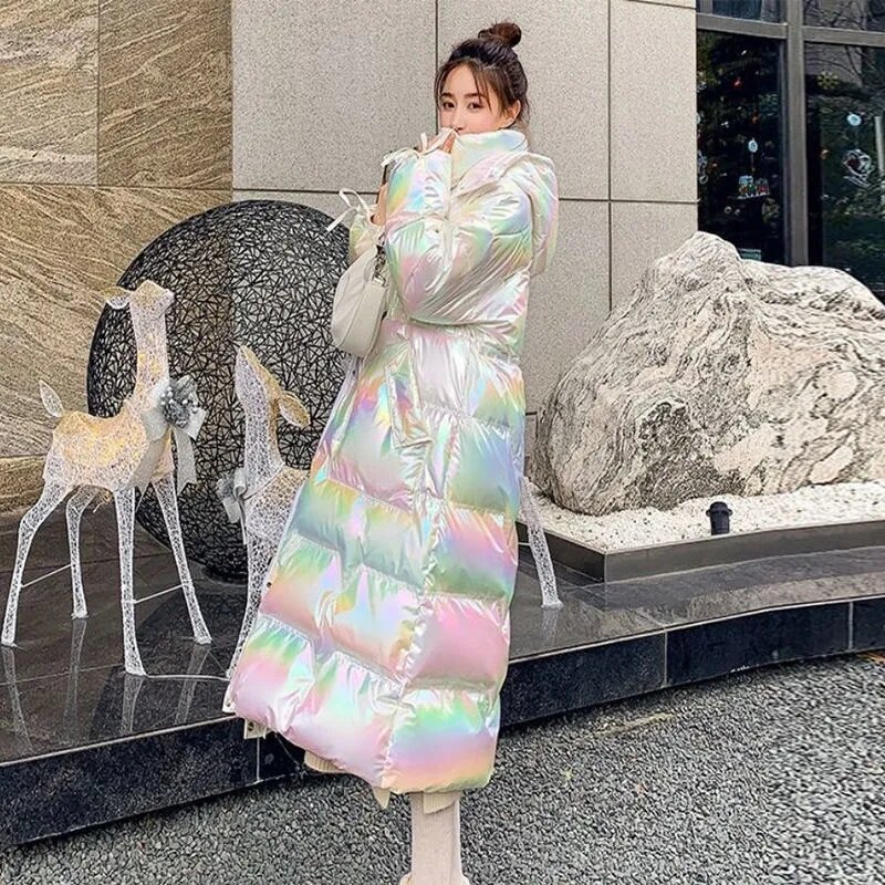 Y2K2024 Women'S New Bright Face Colorful Free Wash Hooded Knee Length Plus Size Thickened Down Fantasy Cotton Coat