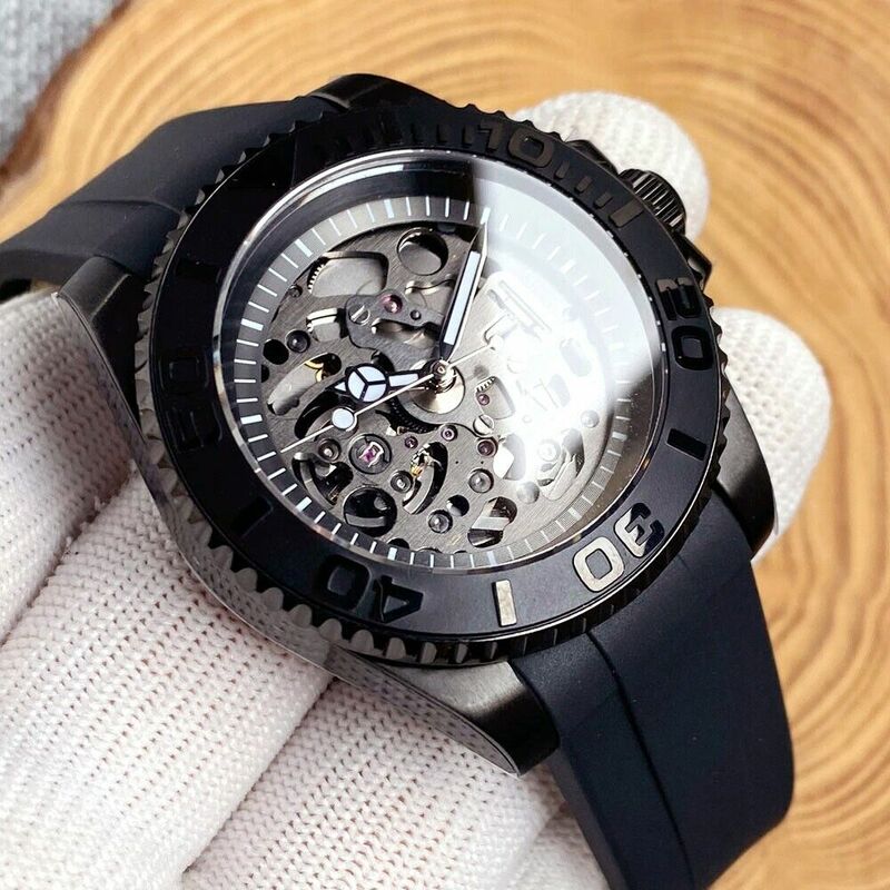 NH72นาฬิกาข้อมือสำหรับผู้ชาย PVD แบบอัตโนมัติโครงกระดูกทำจากแก้วแซฟไฟร์ขนาด40มม. สีดำ
