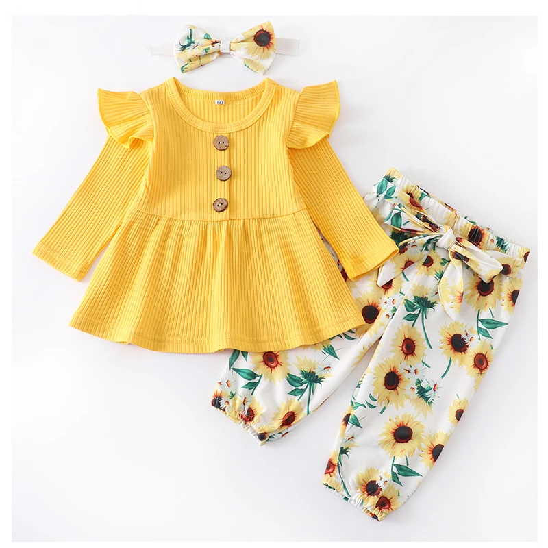 Top de manga comprida amarela, calças girassol, bandana, roupas infantis, roupas de bebê, roupas femininas, moda fofa, 3pcs