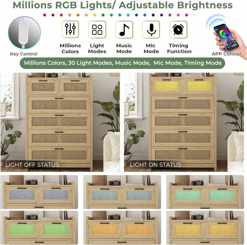 6 Drawer Dresser for Bedroom, Rattan Wood Dressers with Led Light, Tall Dressers & Chests of Drawers,  for Bedroom, Entryway