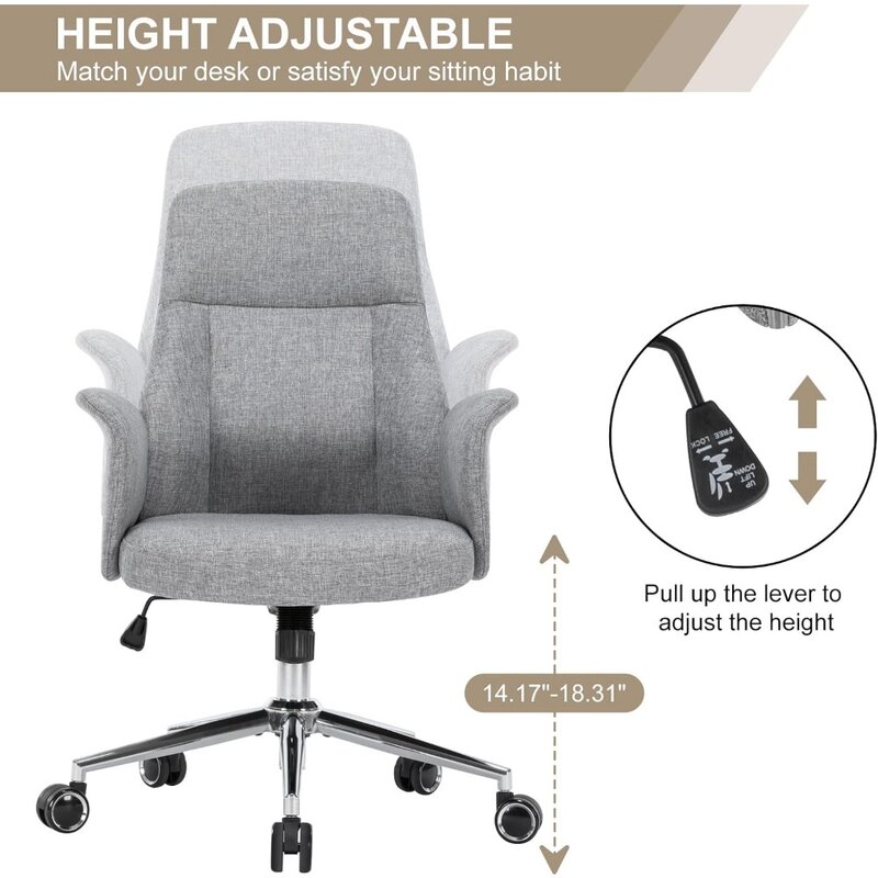 Home Office Desk Chair, cadeira do computador ergonômico, tecido moderno linho, altura ajustável Tarefa, balanço do encosto