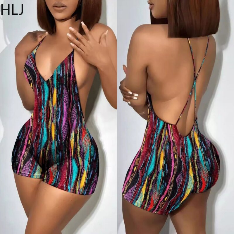 HLJ Sexy Y2K Printing Bodycon Backless Rompers Women Suspenders Deep V Sleeveless Slim Jumpsuits Fashion Female Hollow Playsuits