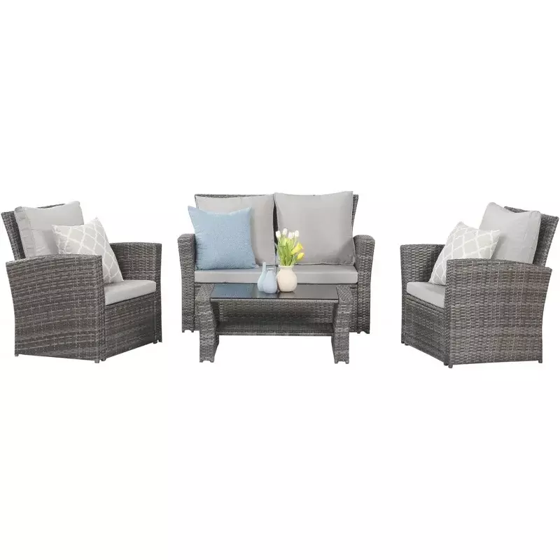 Wisteriaレン-屋外パティオ家具セット、籐の会話セット、デッキ用、灰色の籐のソファと椅子、クッション付き、4個