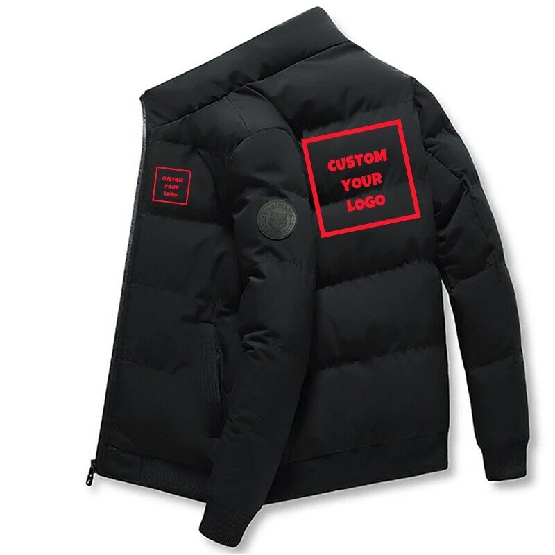 Jaqueta de algodão com gola em pé masculina, casaco com zíper, quente e espesso, moda casual, logotipo personalizado, inverno