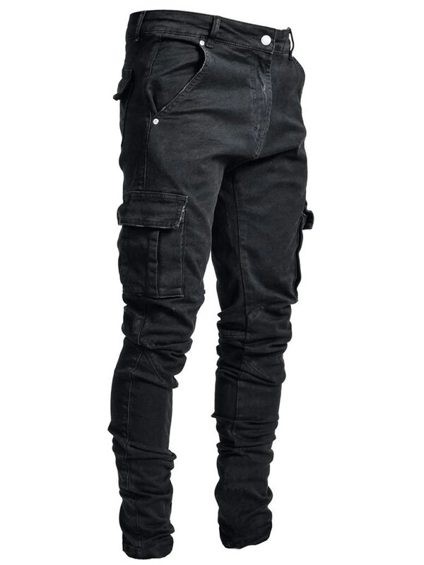 Pantalones vaqueros Cargo con múltiples bolsillos para Hombre, ropa de calle informal a la moda, color negro, azul, 3XL