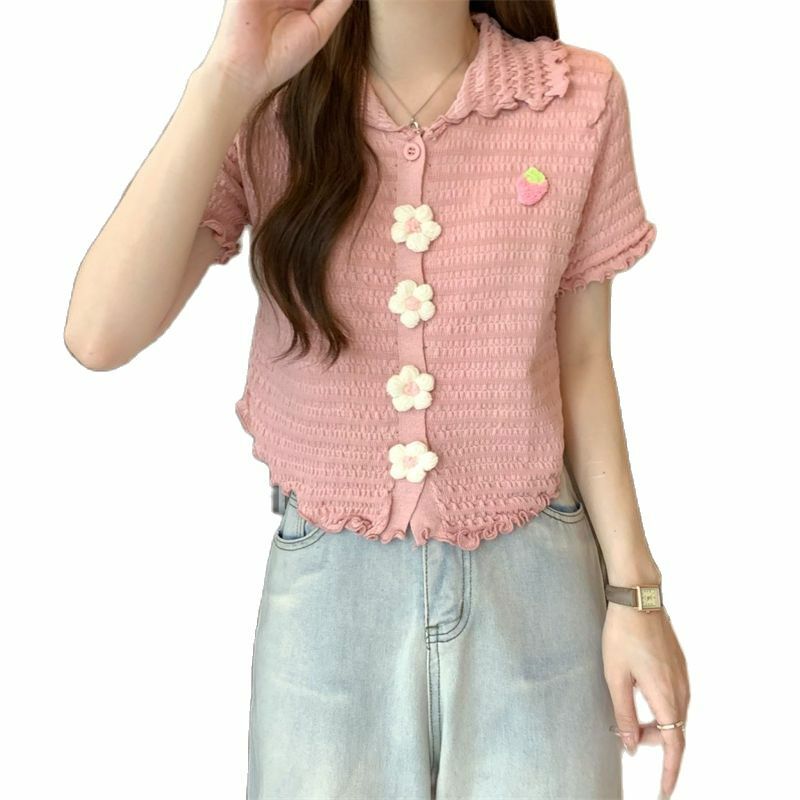 Bottoni floreali camicette da donna tinta unita Tee Polo collo sottile T-Shirt a pieghe Casual Sweet Y2K Vintage Wear Summer College Style