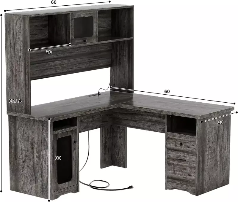 Meja berbentuk L dengan laci dan Hutch, Meja kantor besar dengan saluran listrik dan lampu LED, komputer sudut Modern 60 inci