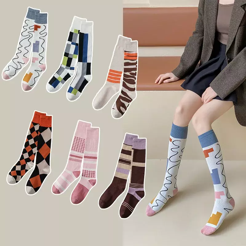 Носки выше колена из чистого хлопка с алфавитом, ромбовидные, Корейская версия Хлопковых Носков, модные трендовые носки